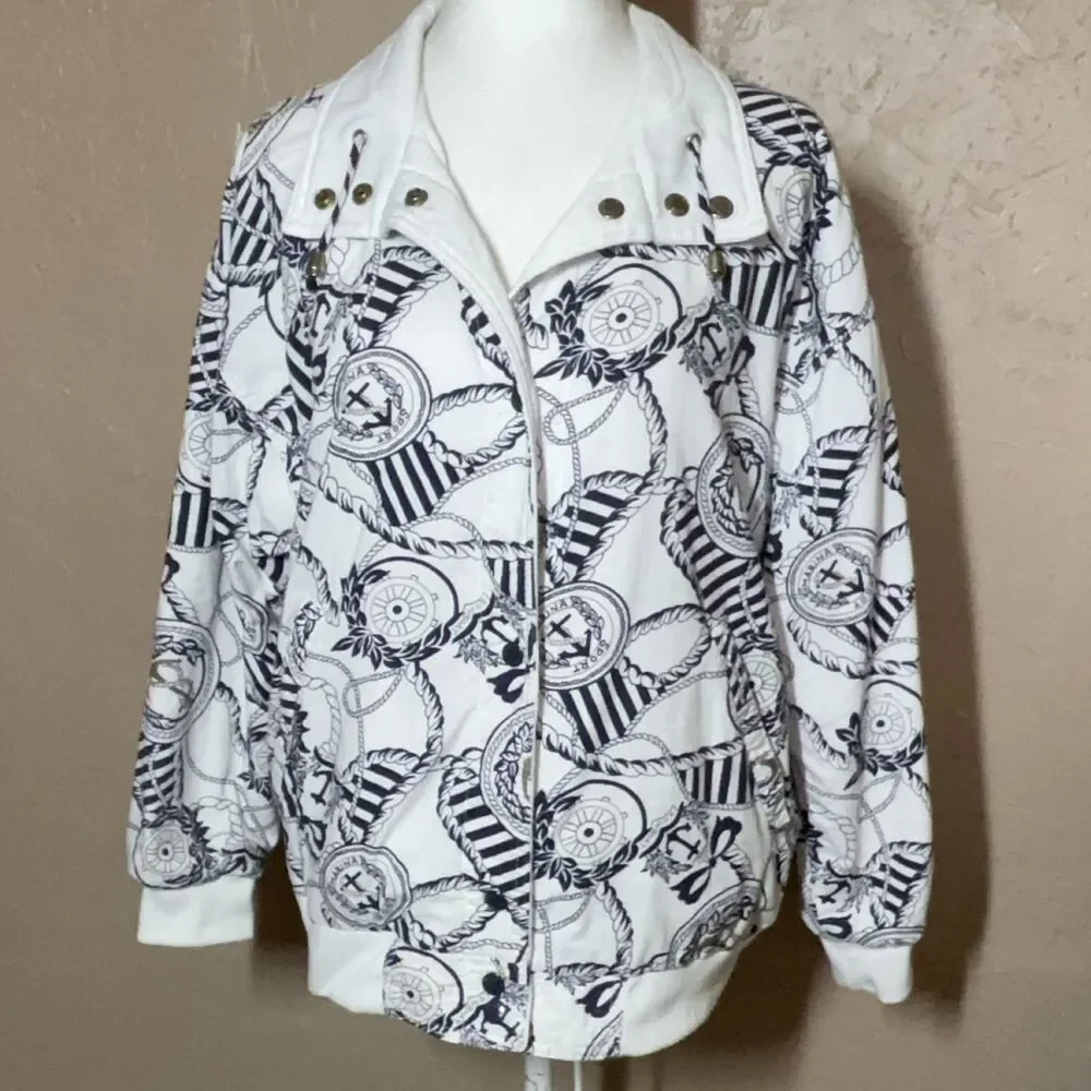 Rowboat Nautical Print Full Zip Jacket M White Navy Blue Anchor Cotton Poly
